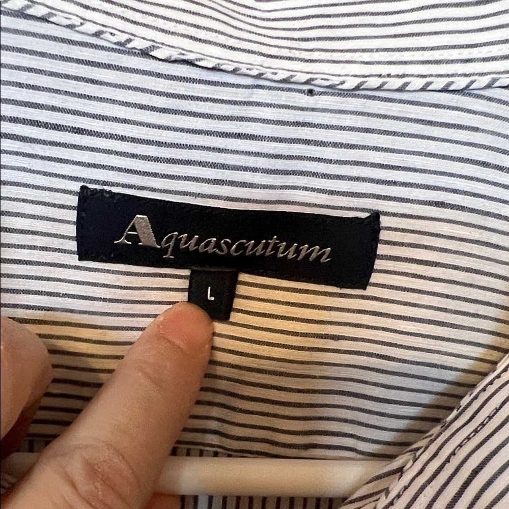 AQUASCUTUM Linen Cotton Button Down Shirt Mens Large Blue White Micro Stripes - Picture 5 of 16